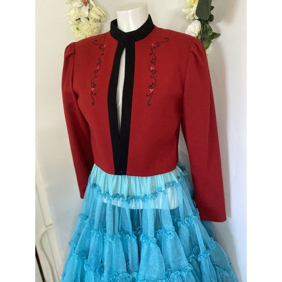 Vintage Lanz Oktoberfest Dirndl Tyrol Red and Black Wool Cropped‎ Jacket US 7/8 - Picture 1 of 16